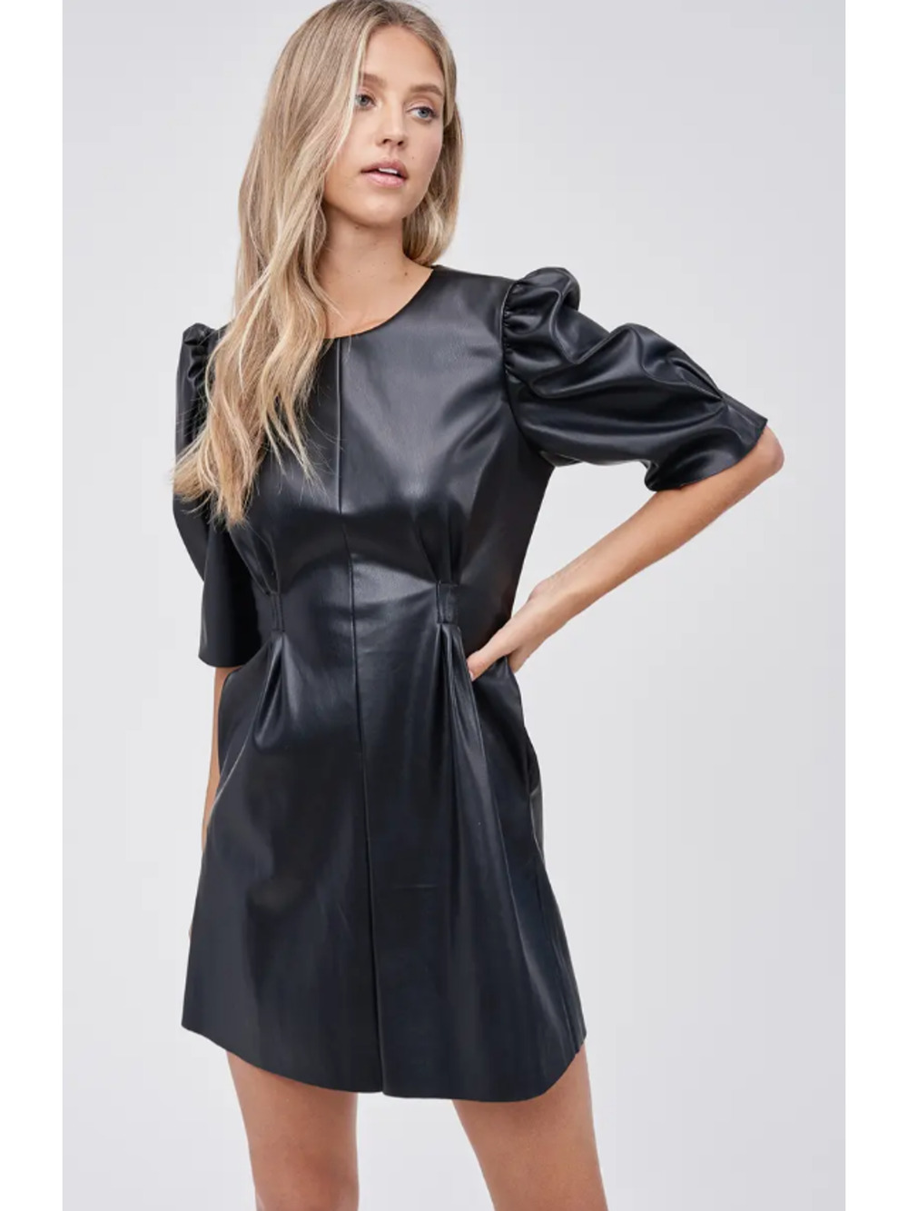 En Saison Puff Sleeve Faux Leather Minidress Black Small with Pockets